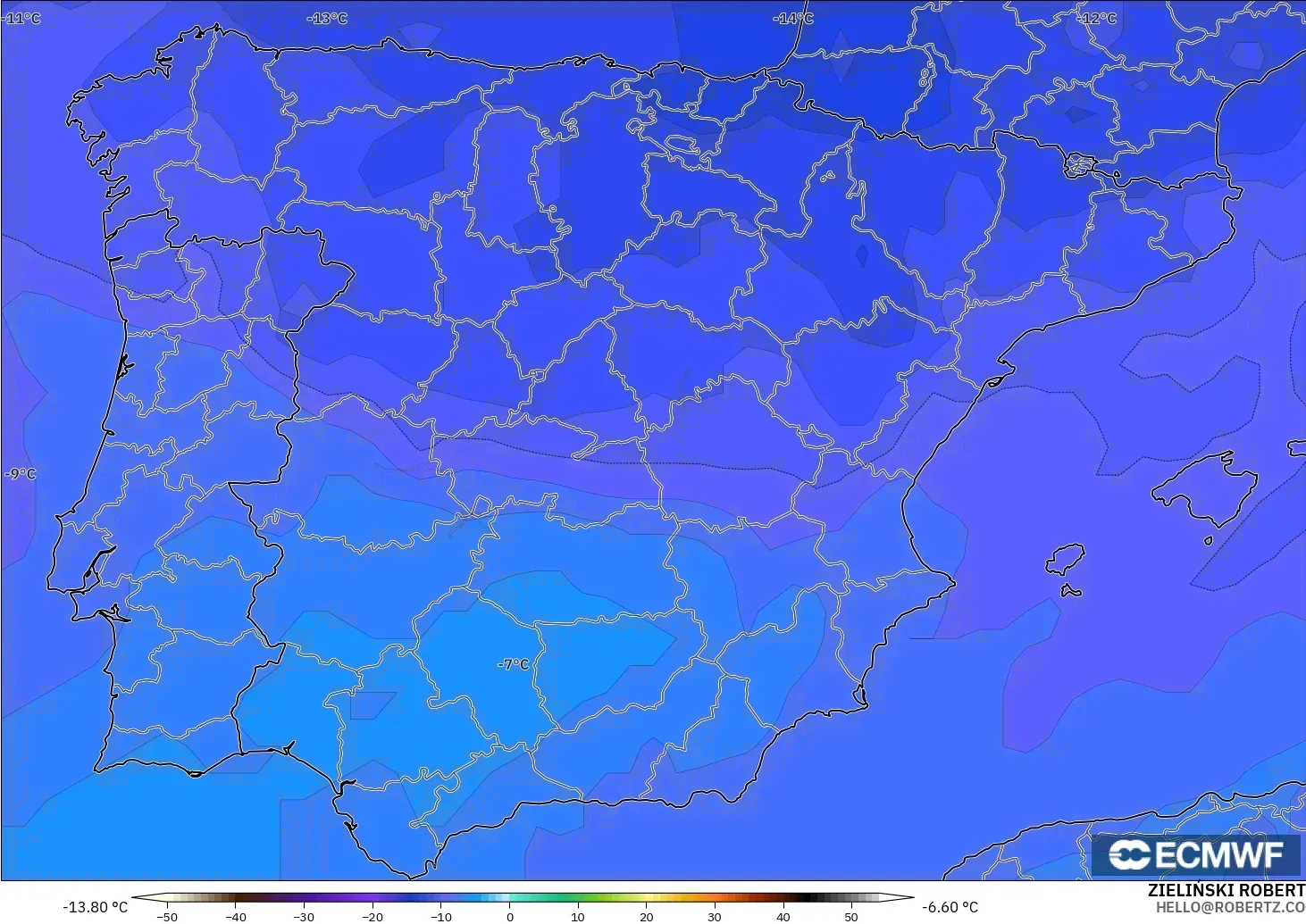 ECMWF IFS 0.25° モデル - スペイン, 気温（500hPa）