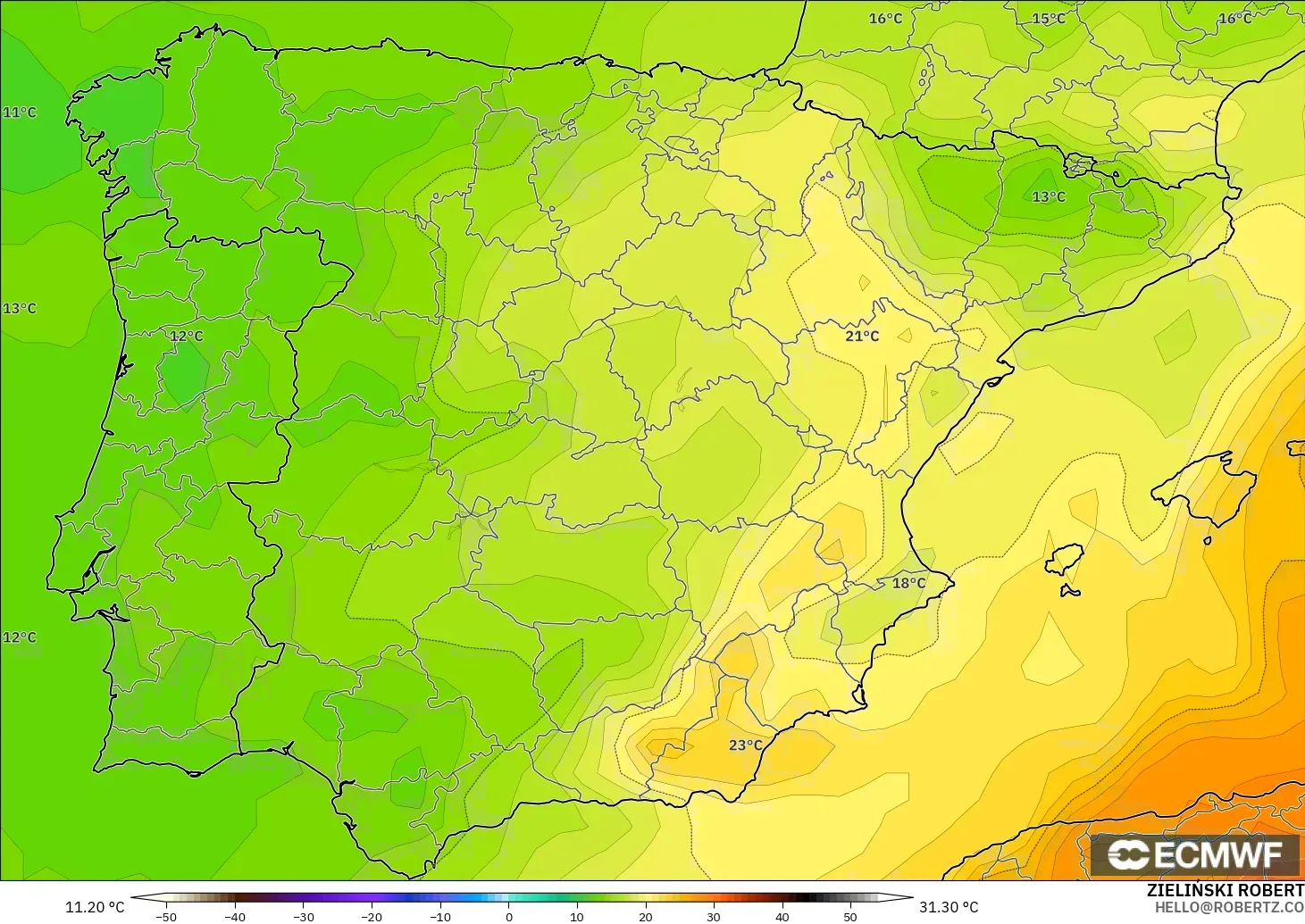 ECMWF IFS 0.25° モデル - スペイン, 気温（850hPa）