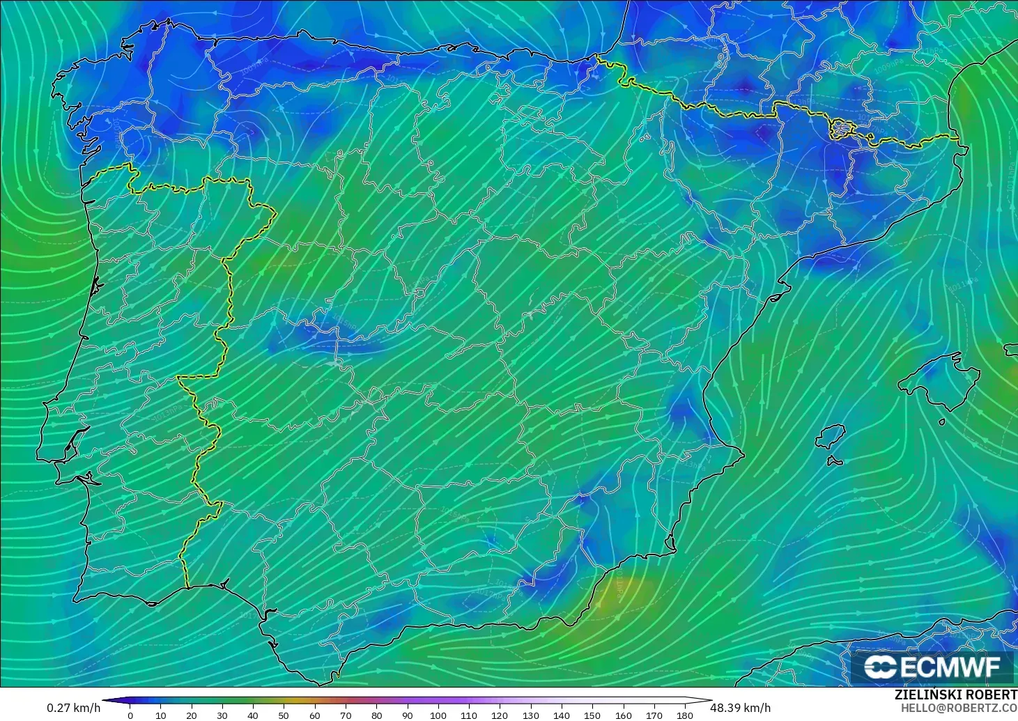 ECMWF IFS 0.25° モデル - スペイン, 風速（10m）