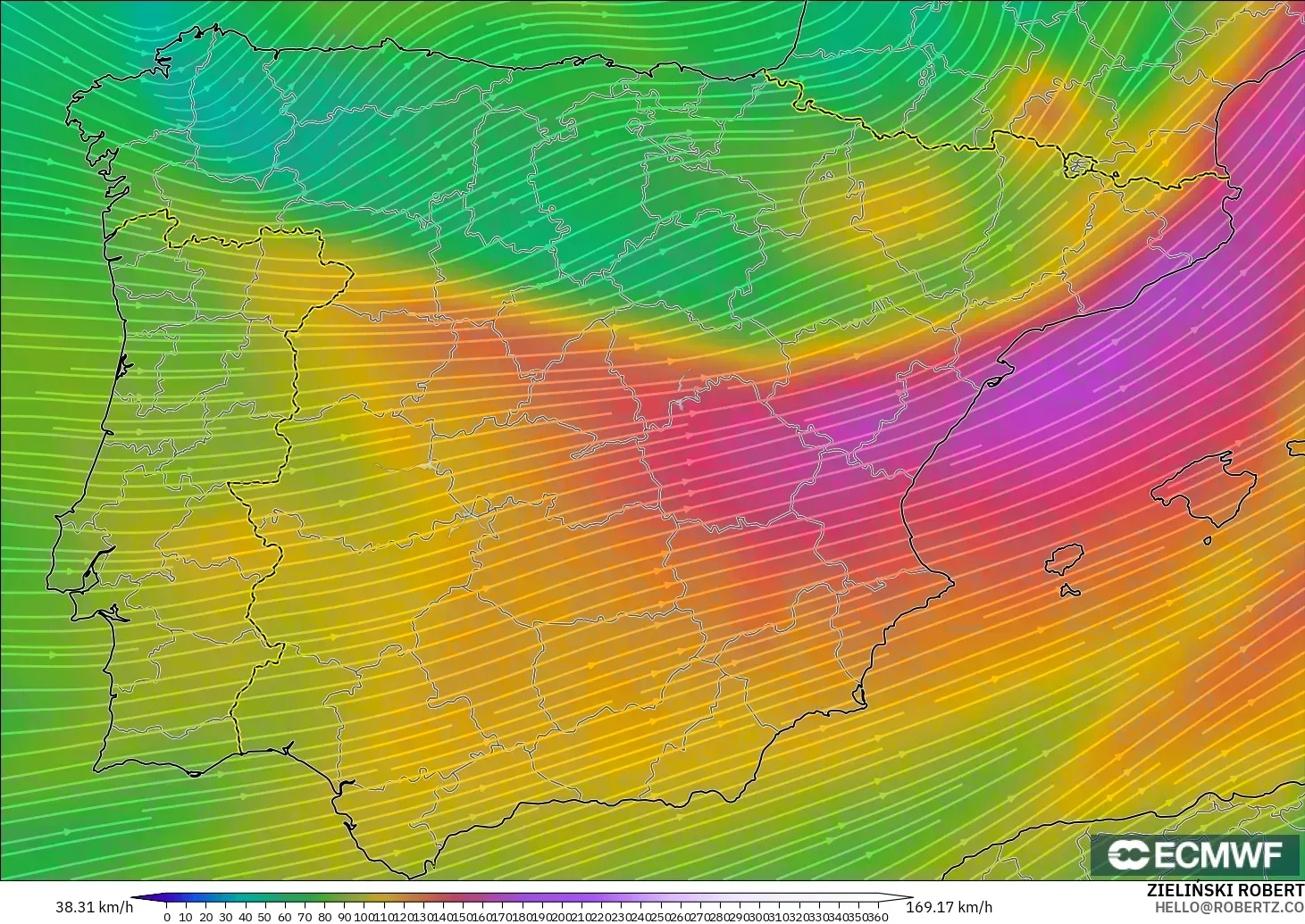 ECMWF IFS 0.25° モデル - スペイン, 風速（300hPa）