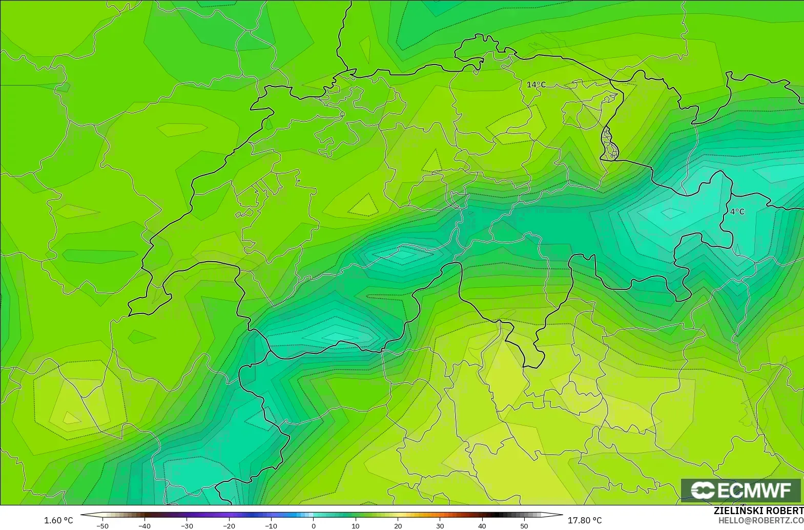 ECMWF IFS 0.25° モデル - スイス, 露点温度（2m）