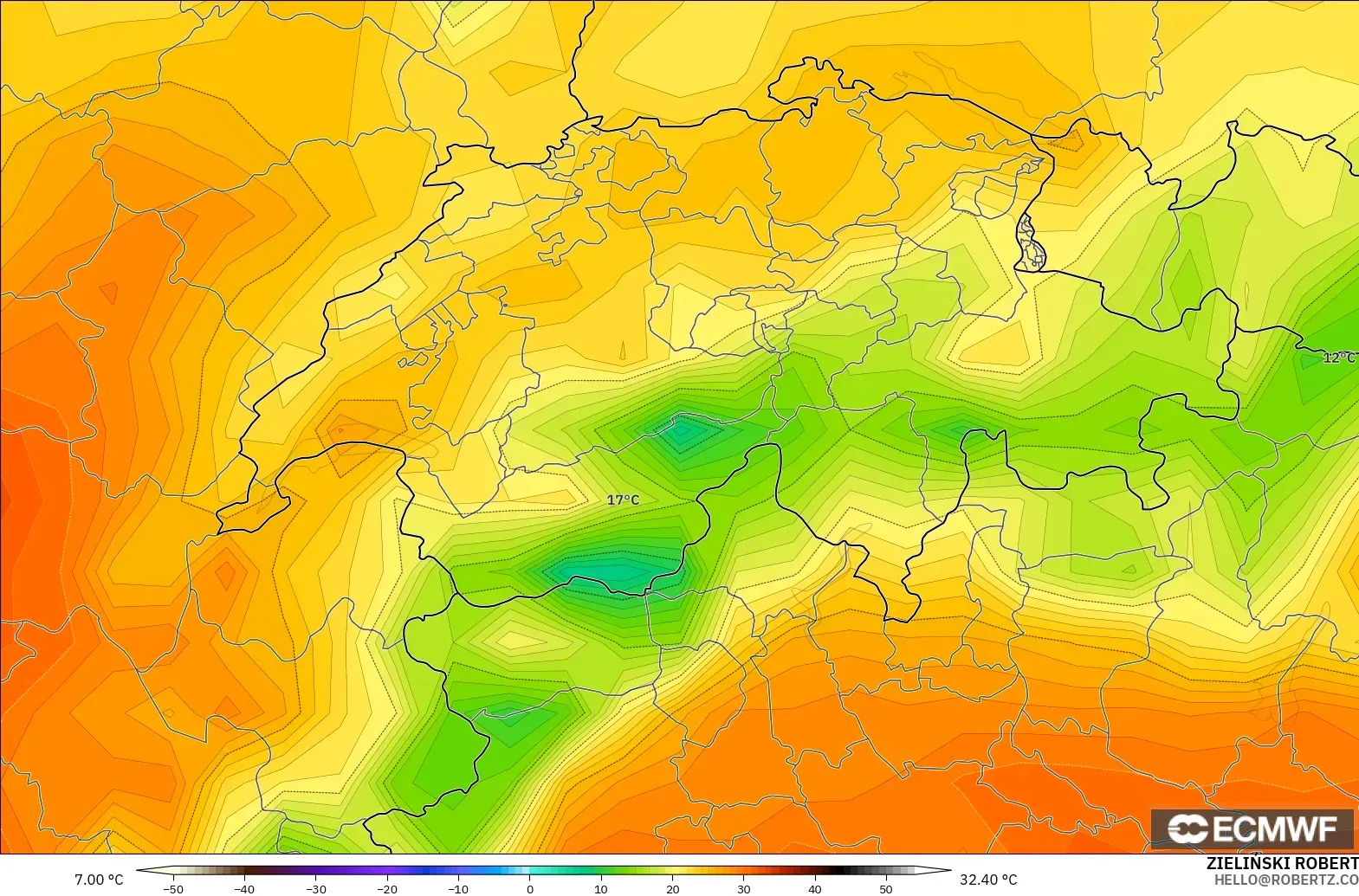 ECMWF IFS 0.25° モデル - スイス, 気温（2m）