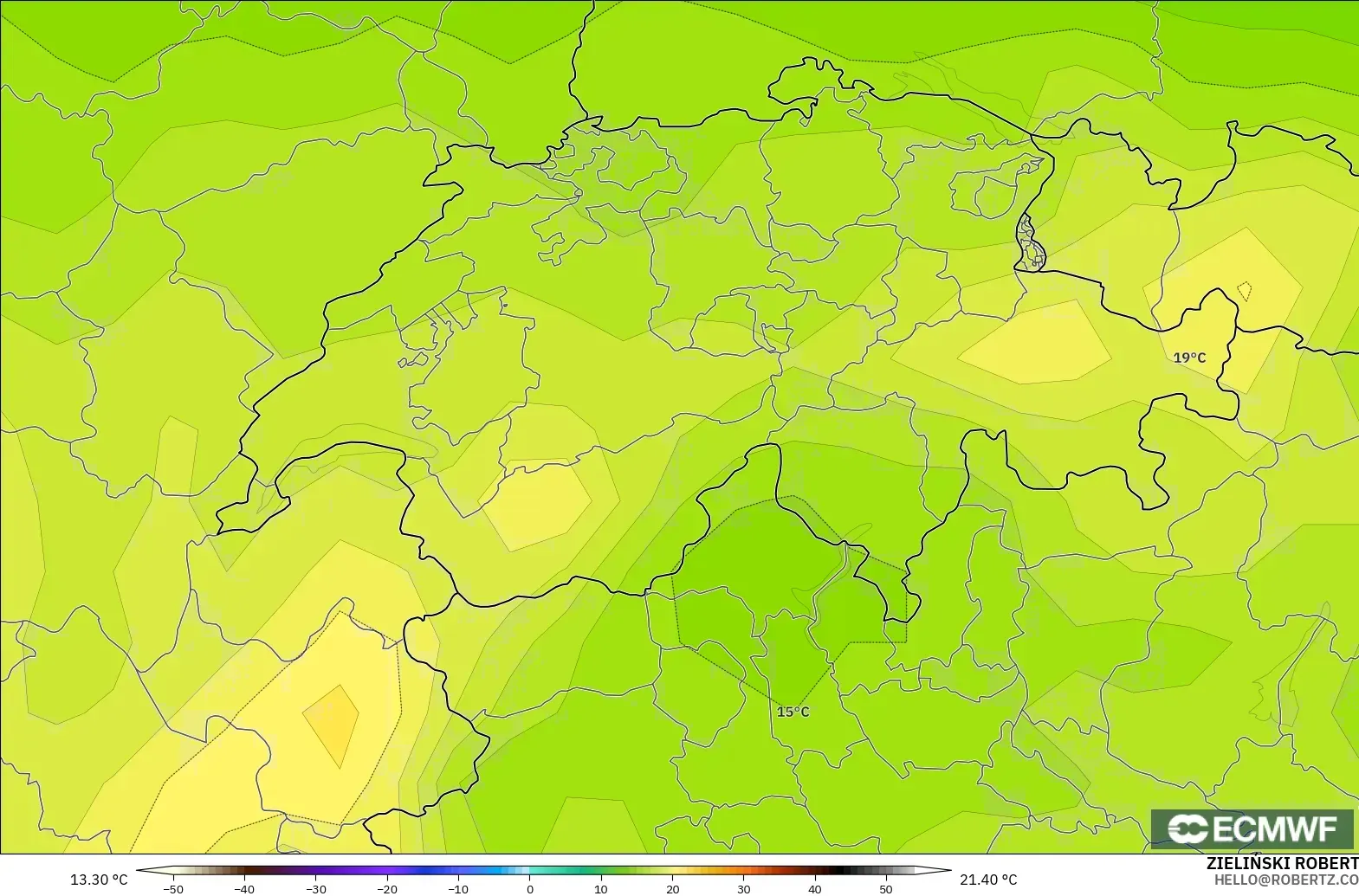 ECMWF IFS 0.25° モデル - スイス, 気温（850hPa）