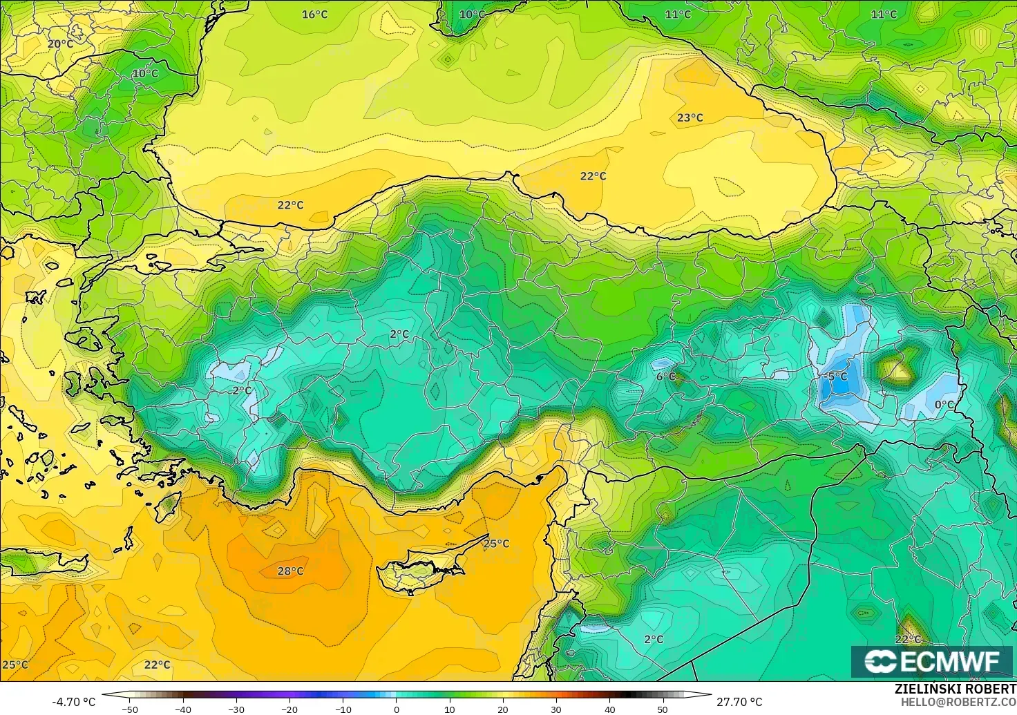 ECMWF IFS 0.25° モデル - トルコ, 露点温度（2m）