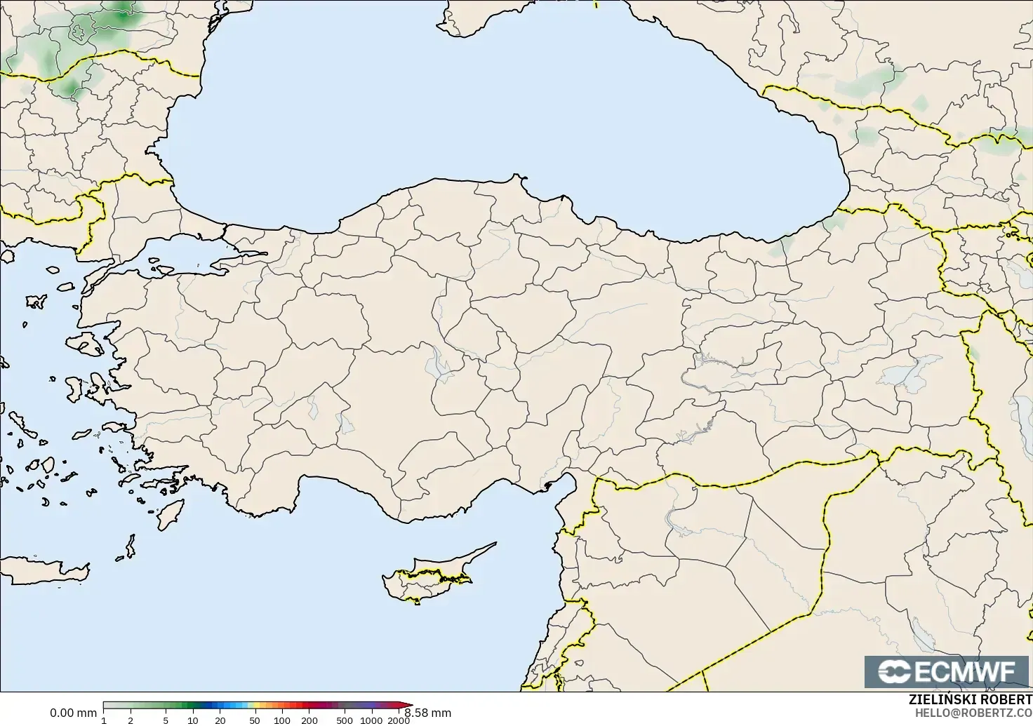 ECMWF IFS 0.25° モデル - トルコ, 降水量の合計