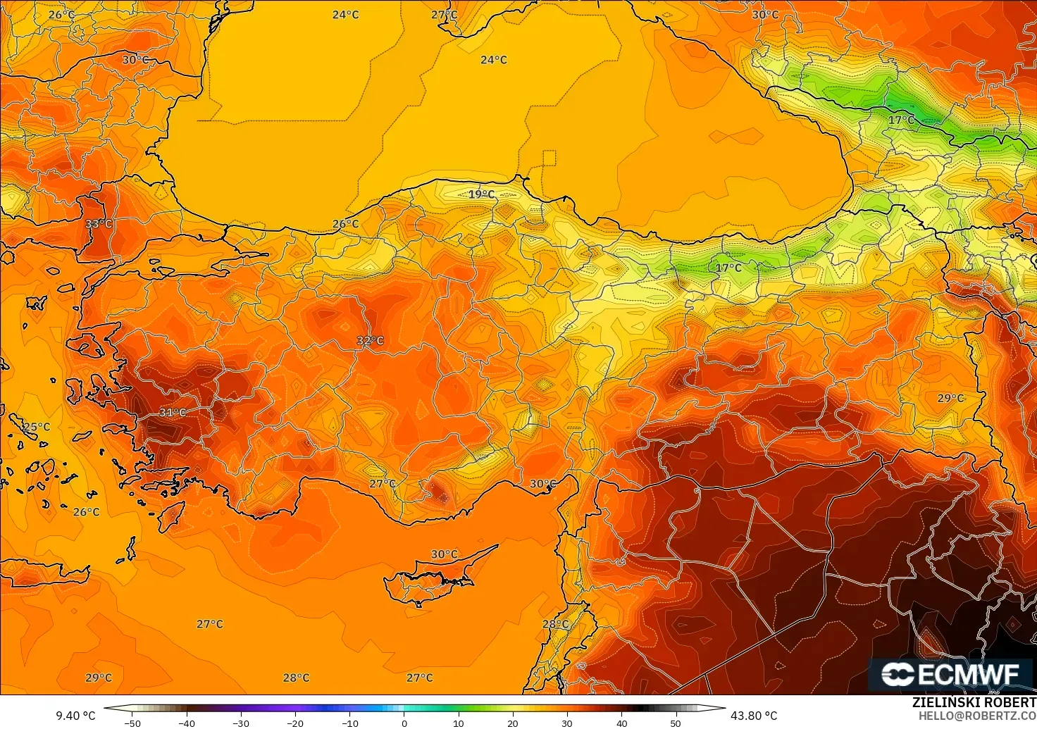 ECMWF IFS 0.25° モデル - トルコ, 気温（2m）