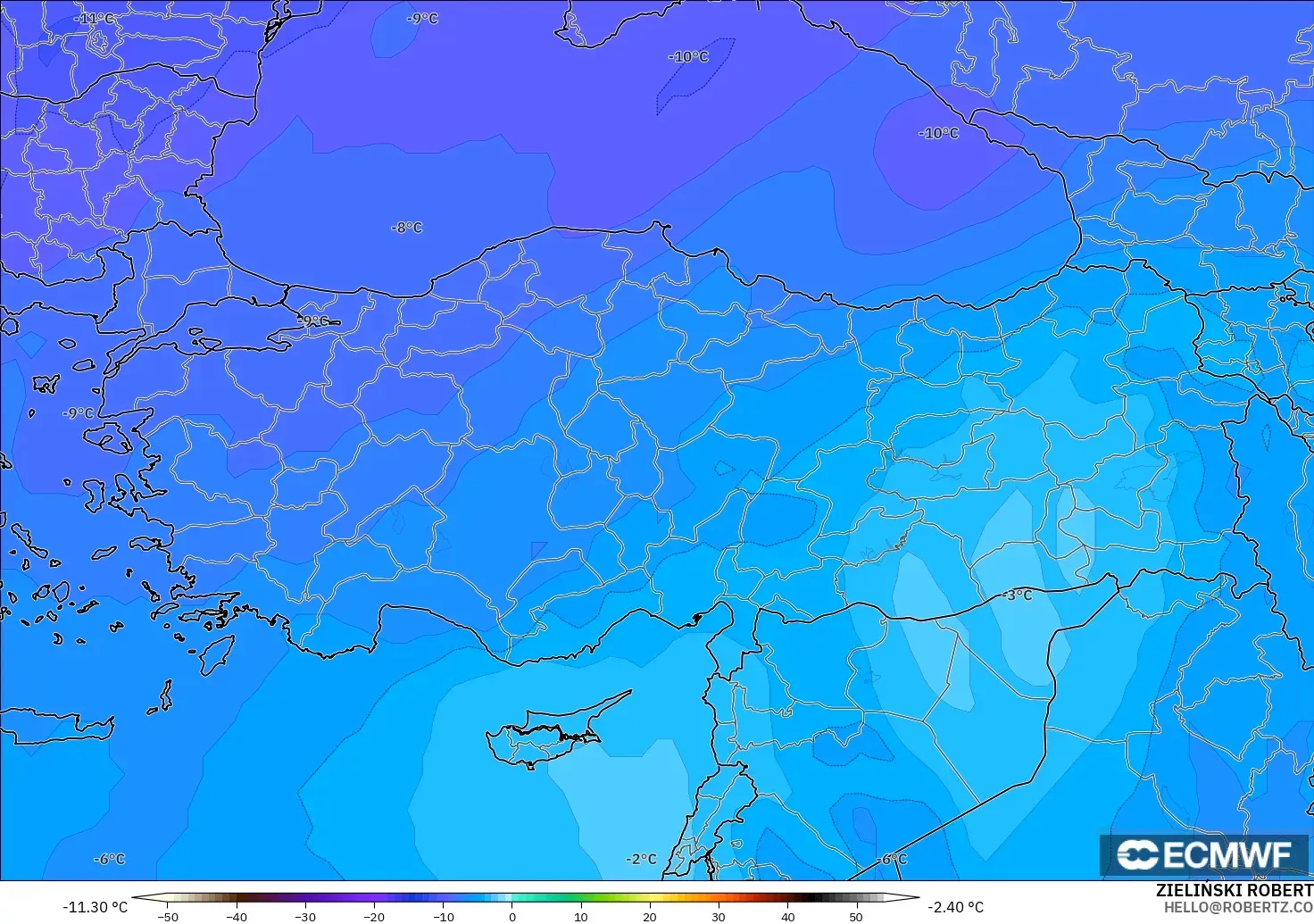 ECMWF IFS 0.25° モデル - トルコ, 気温（500hPa）