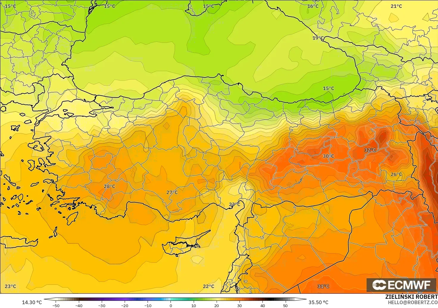 ECMWF IFS 0.25° モデル - トルコ, 気温（850hPa）