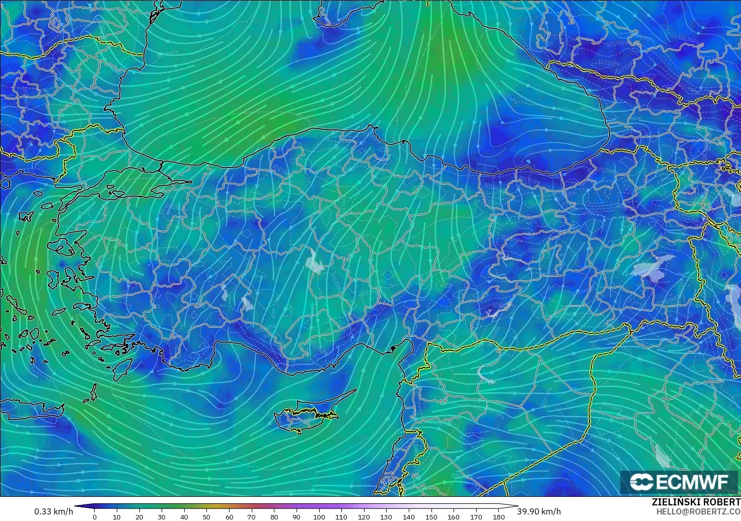 ECMWF IFS 0.25° モデル - トルコ, 風速（10m）