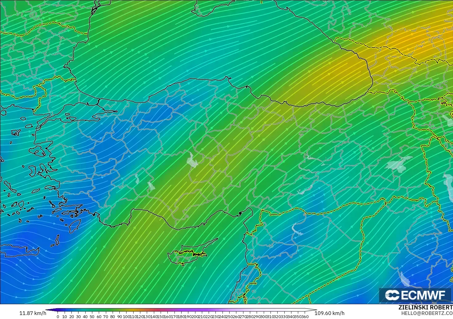 ECMWF IFS 0.25° モデル - トルコ, 風速（300hPa）