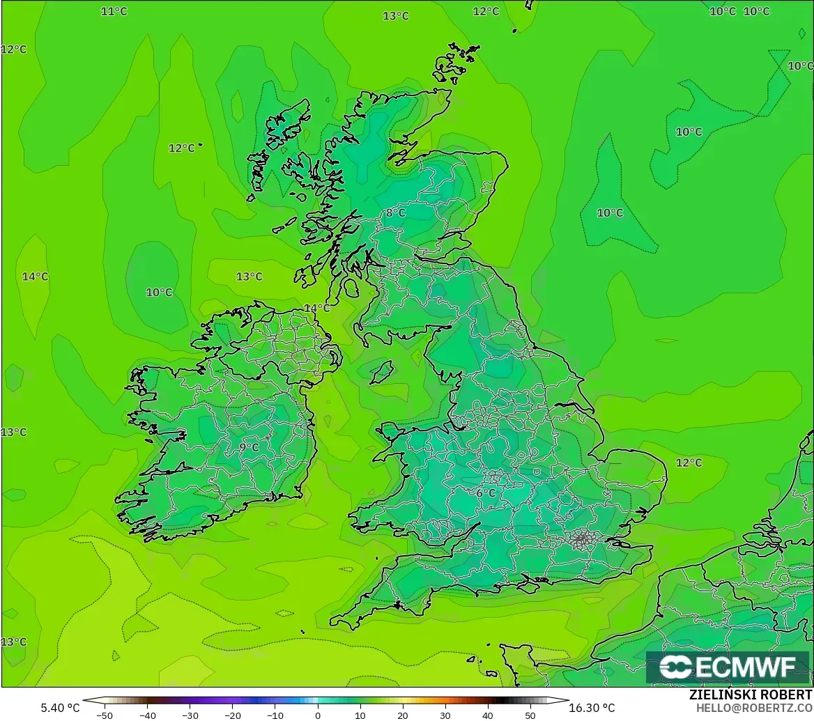 ECMWF IFS 0.25° モデル - イギリス, 露点温度（2m）