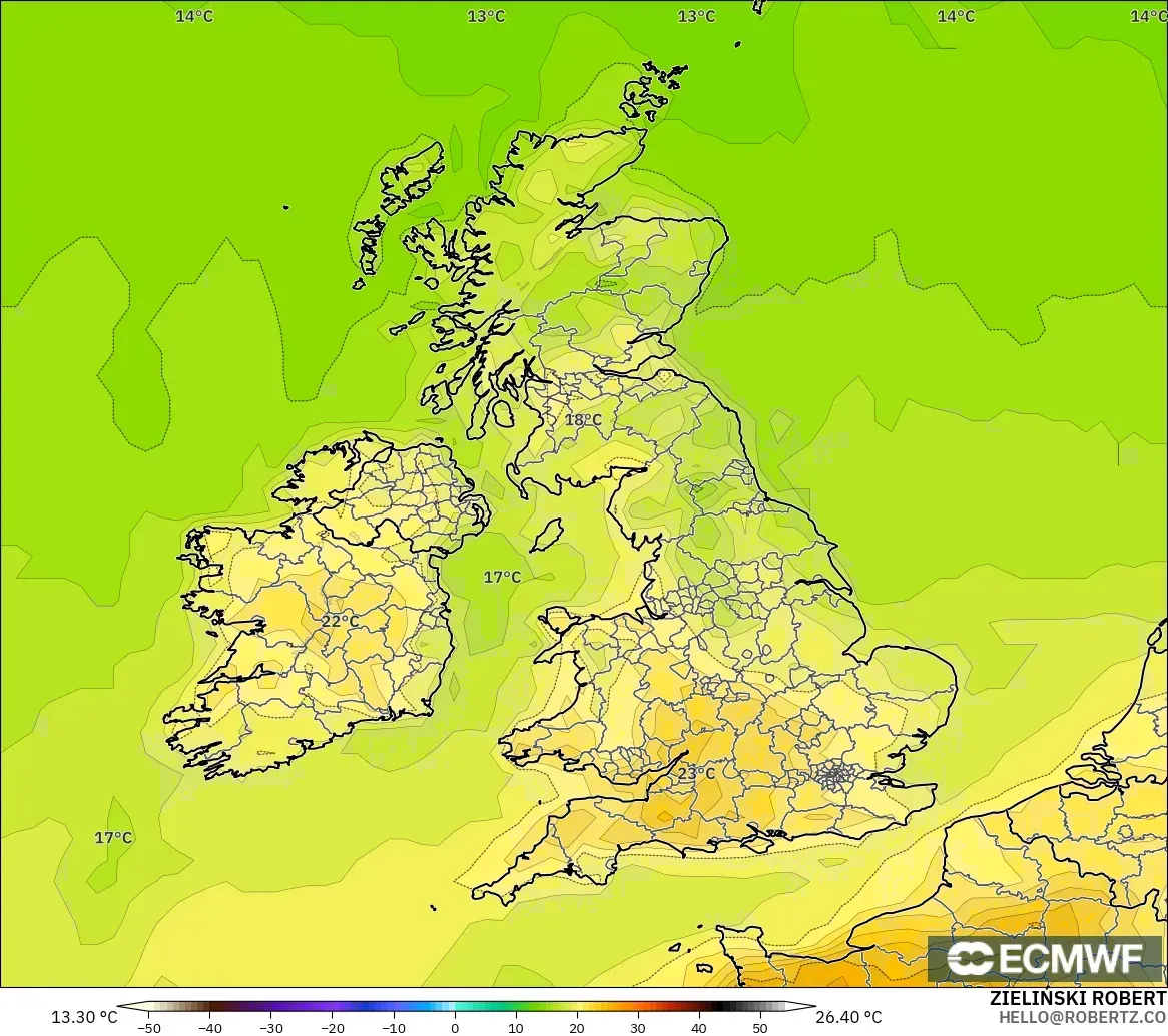 ECMWF IFS 0.25° モデル - イギリス, 気温（2m）