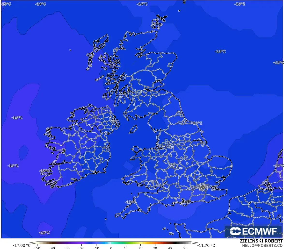 ECMWF IFS 0.25° モデル - イギリス, 気温（500hPa）