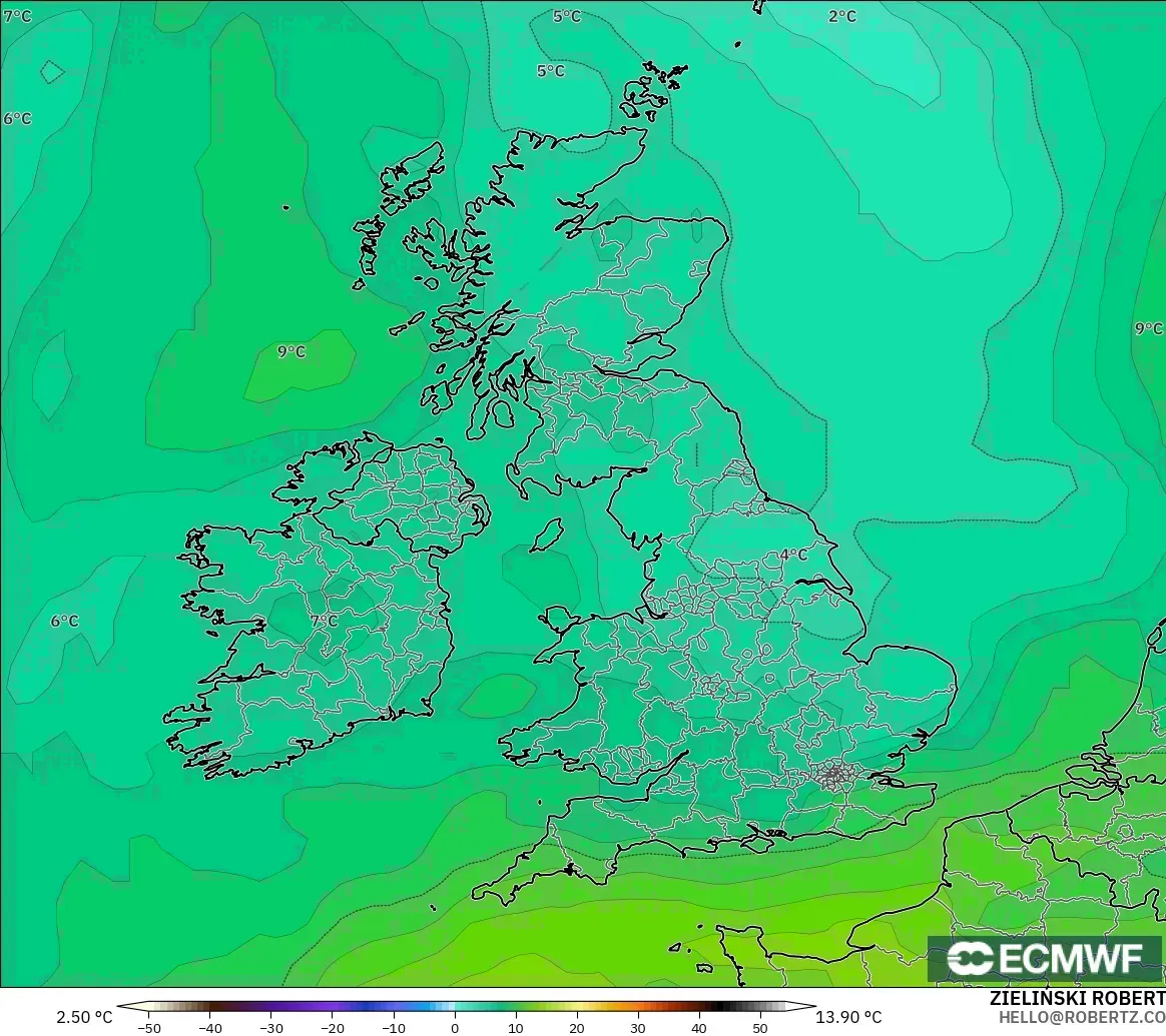 ECMWF IFS 0.25° モデル - イギリス, 気温（850hPa）