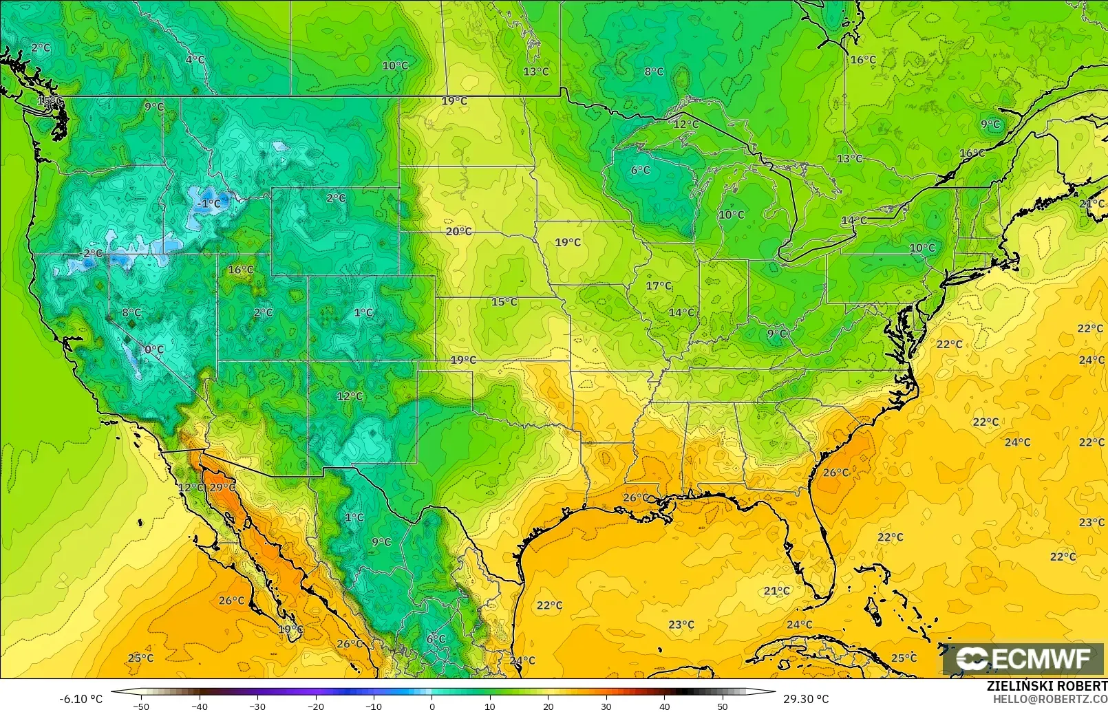 ECMWF IFS 0.25° モデル - アメリカ合衆国, 露点温度（2m）