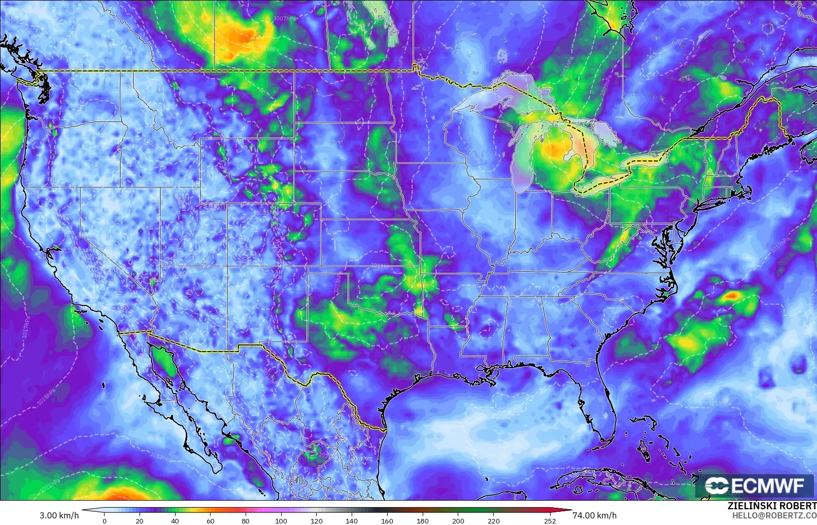 ECMWF IFS 0.25° モデル - アメリカ合衆国, 突風