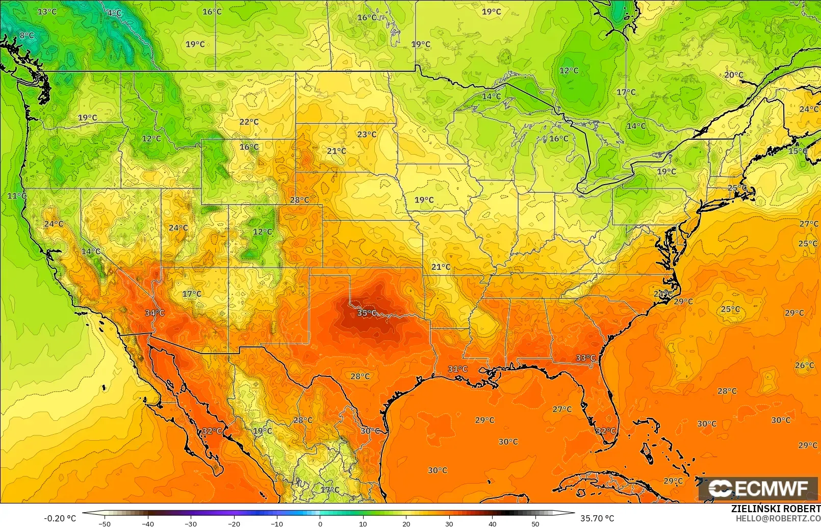 ECMWF IFS 0.25° モデル - アメリカ合衆国, 気温（2m）