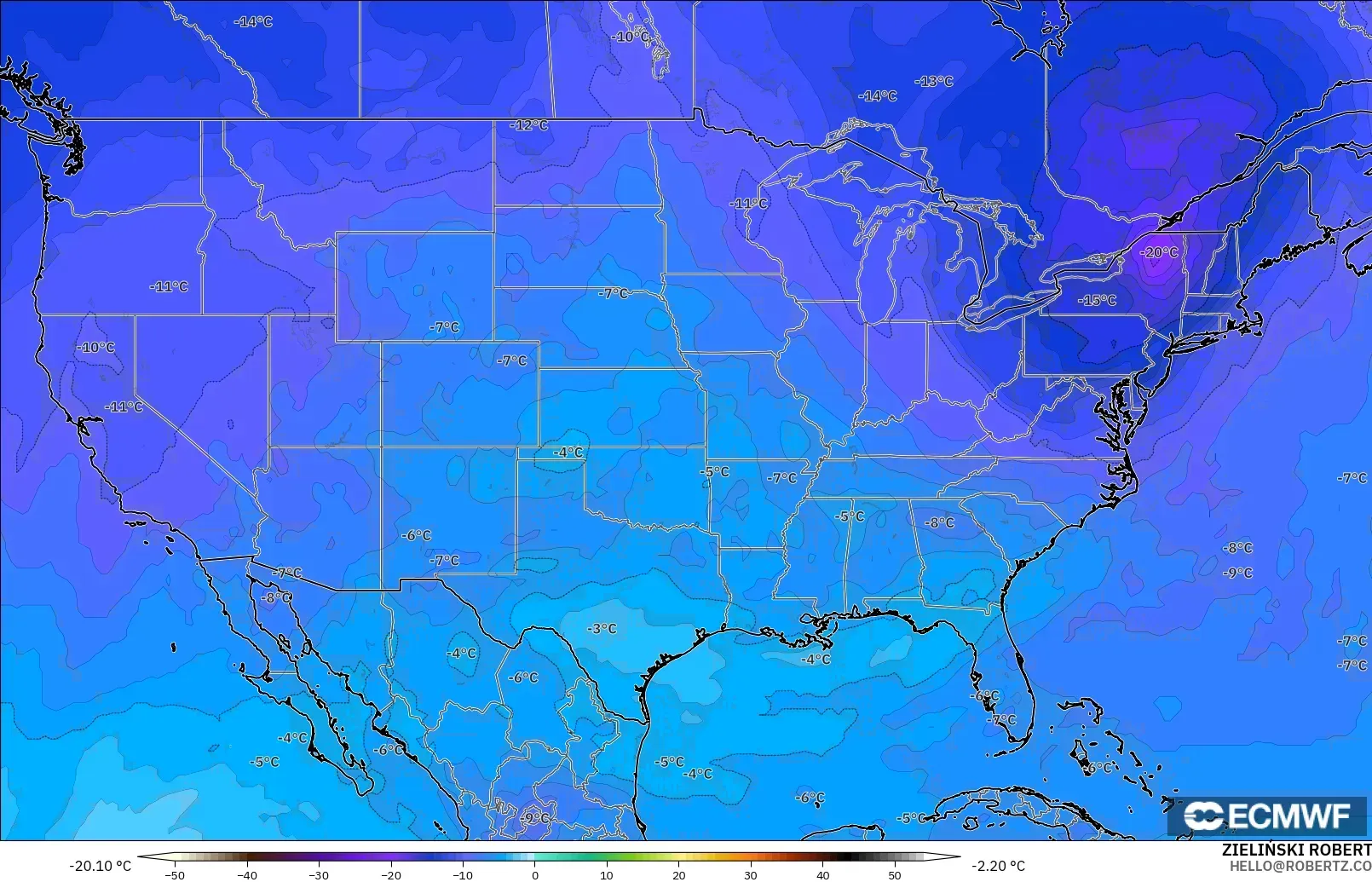 ECMWF IFS 0.25° モデル - アメリカ合衆国, 気温（500hPa）