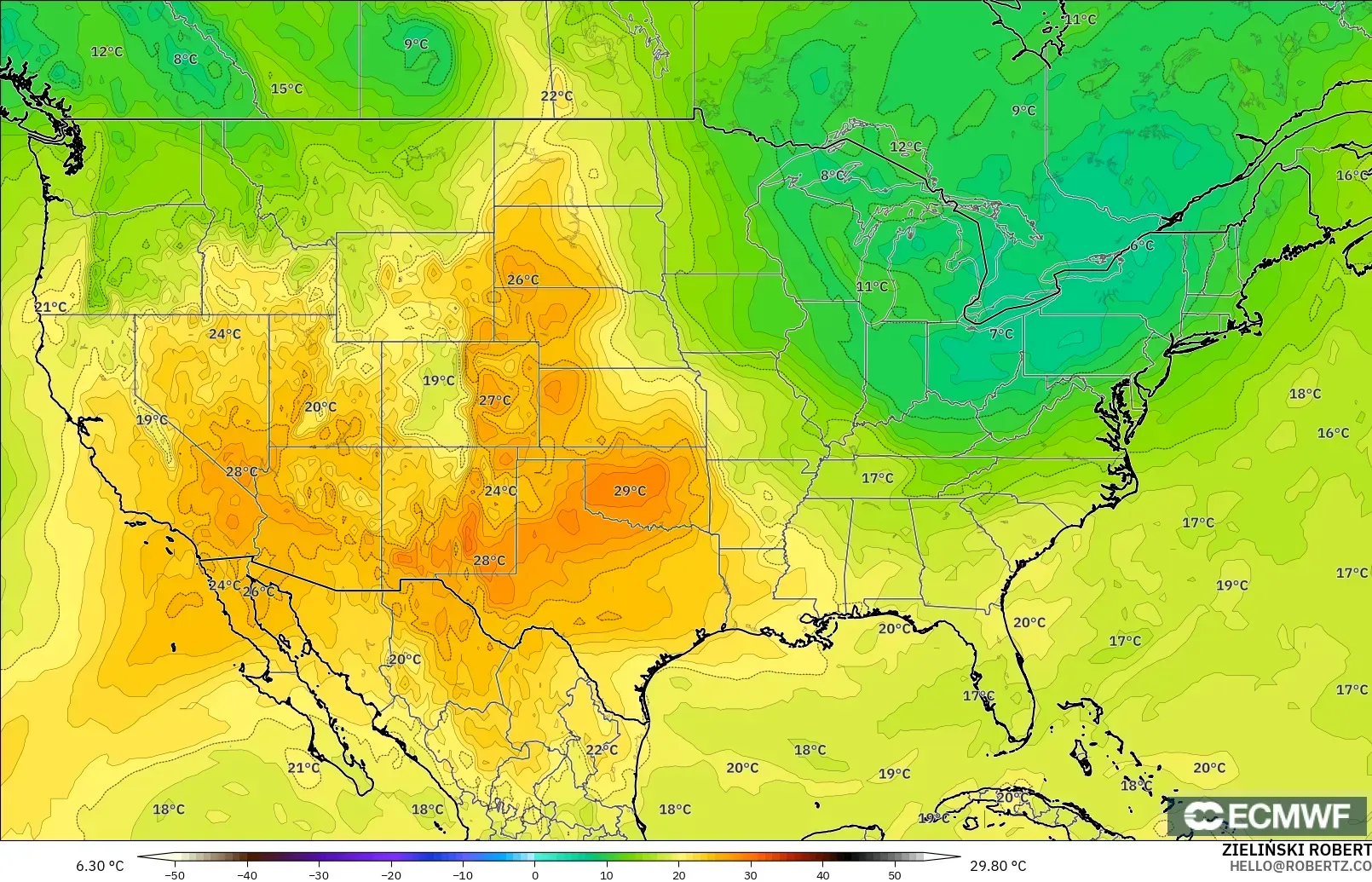 ECMWF IFS 0.25° モデル - アメリカ合衆国, 気温（850hPa）