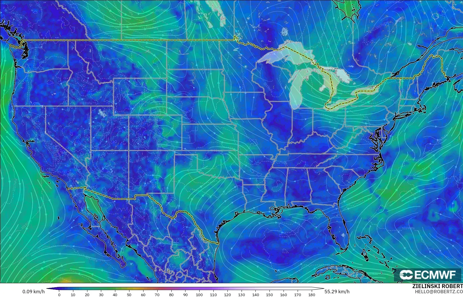 ECMWF IFS 0.25° モデル - アメリカ合衆国, 風速（10m）