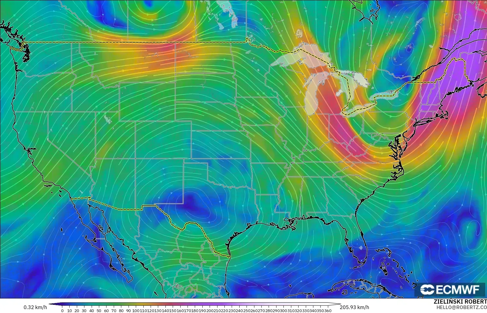 ECMWF IFS 0.25° モデル - アメリカ合衆国, 風速（300hPa）