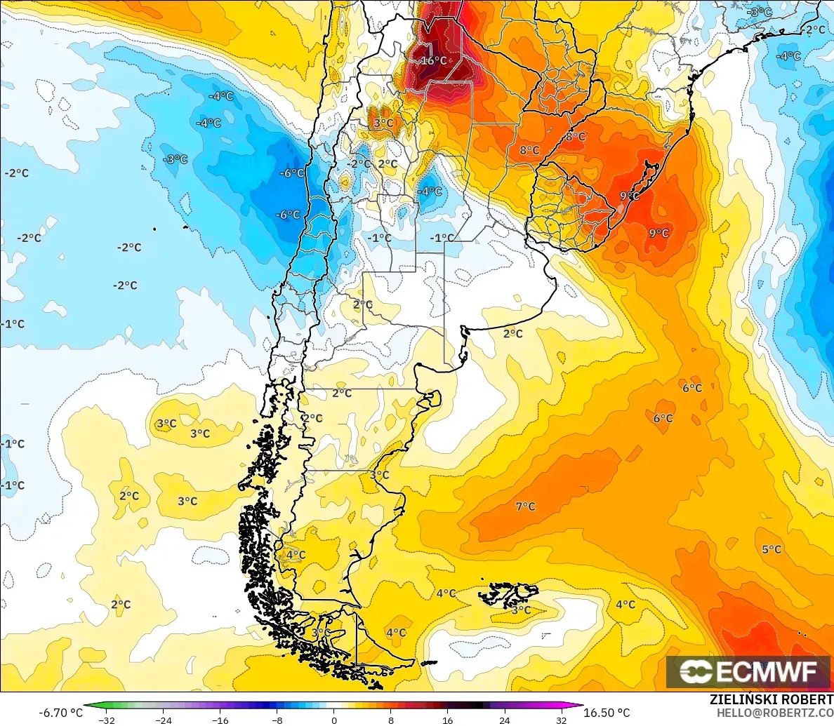 ECMWF IFS 0.25° モデル - アルゼンチン, 気温異常（850hPa）