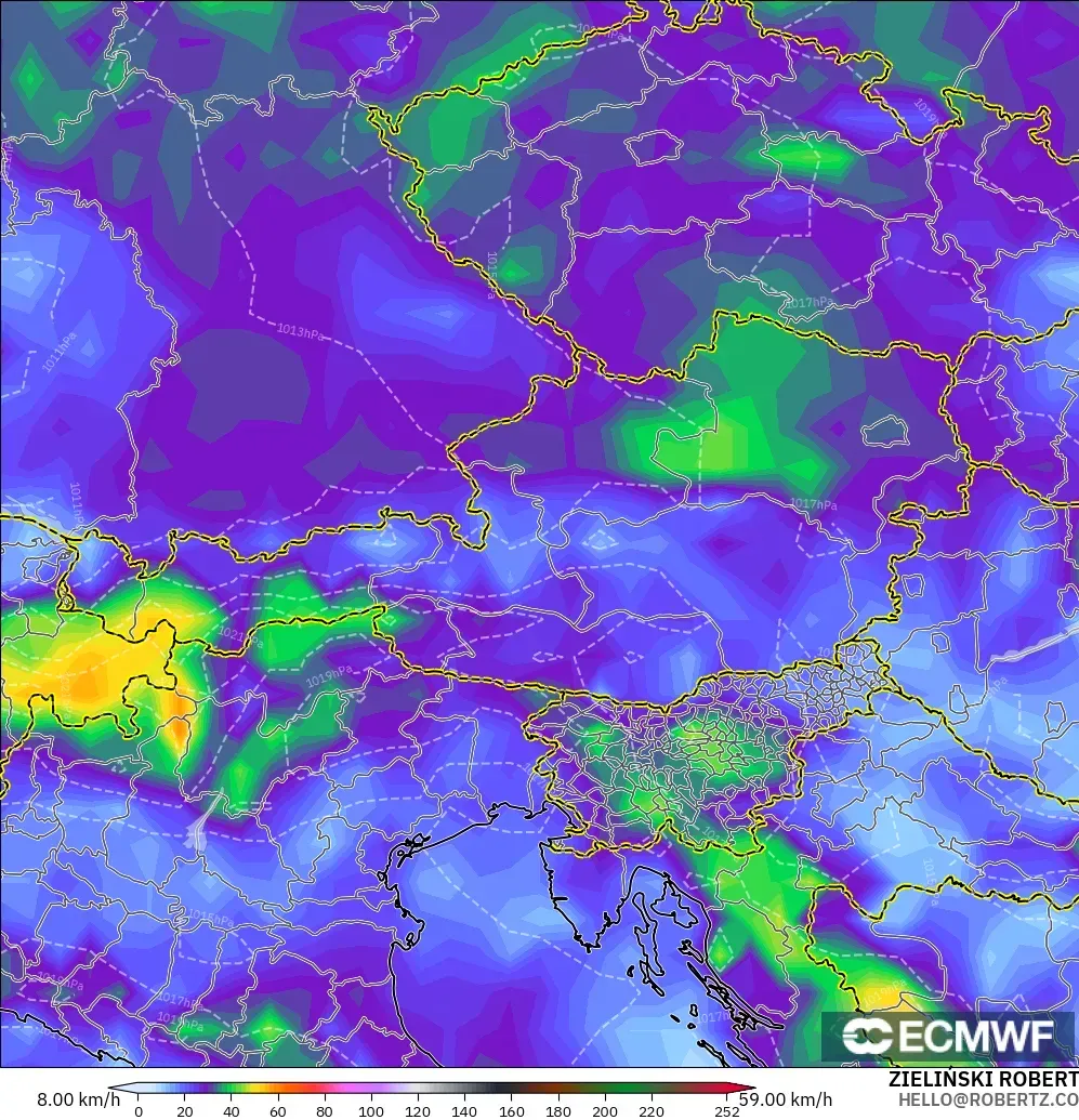 ECMWF IFS 0.25° モデル - オーストリア, 突風（最大）