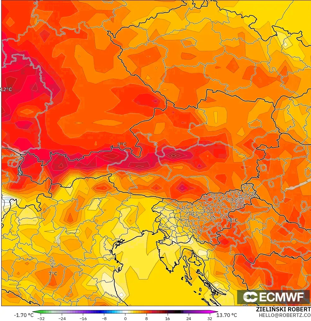 ECMWF IFS 0.25° モデル - オーストリア, 気温異常（2m）