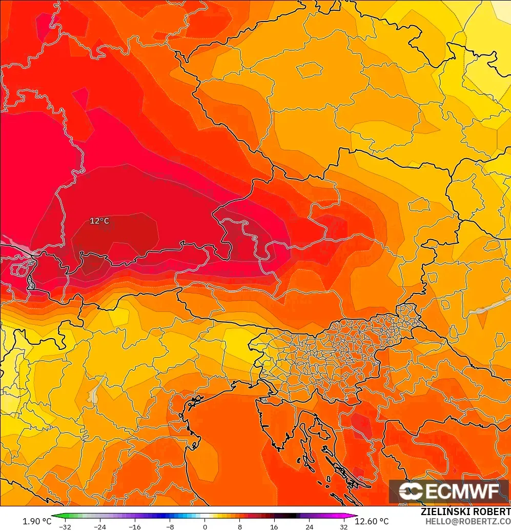 ECMWF IFS 0.25° モデル - オーストリア, 気温異常（850hPa）