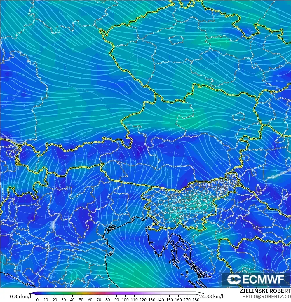 ECMWF IFS 0.25° モデル - オーストリア, 風速（10m）
