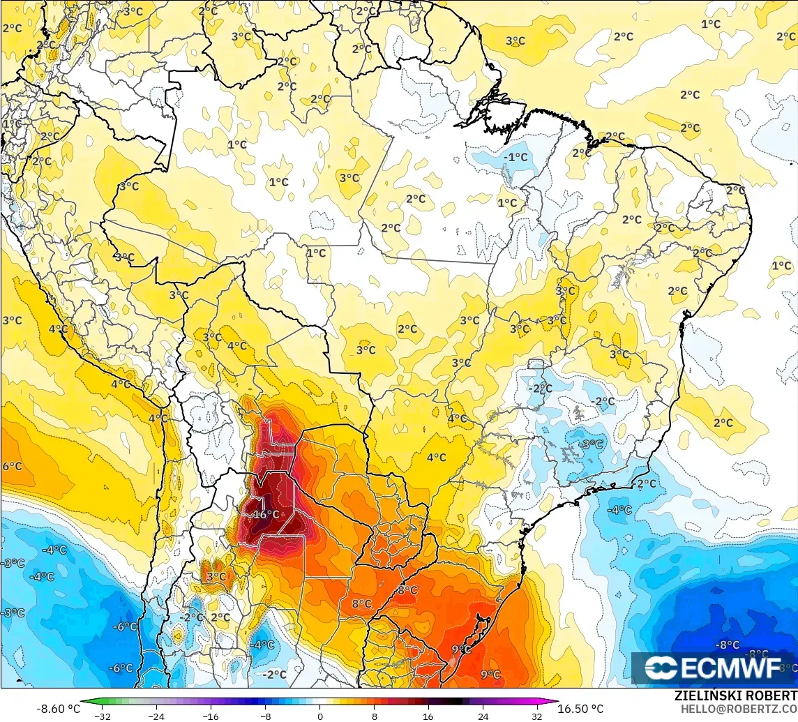 ECMWF IFS 0.25° モデル - ブラジル, 気温異常（850hPa）
