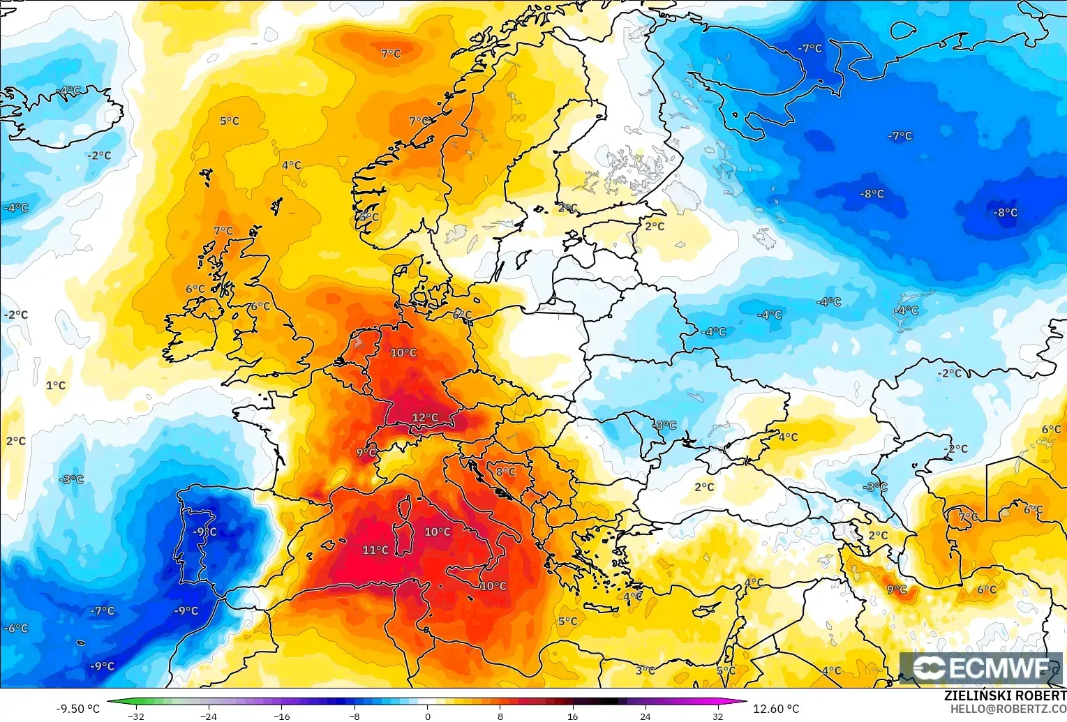 ECMWF IFS 0.25° モデル - ヨーロッパ, 気温異常（850hPa）