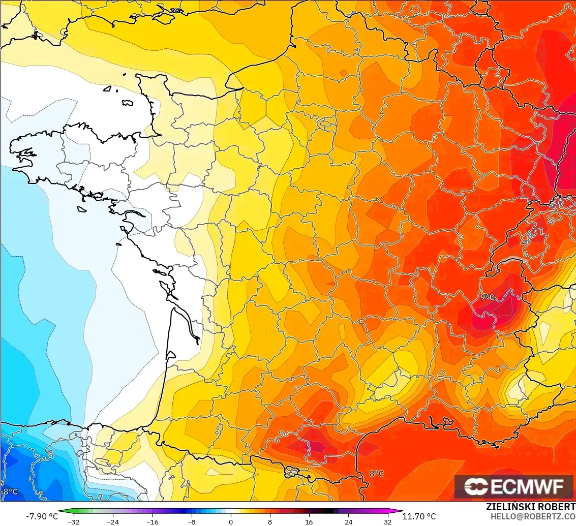 ECMWF IFS 0.25° モデル - フランス, 気温異常（850hPa）