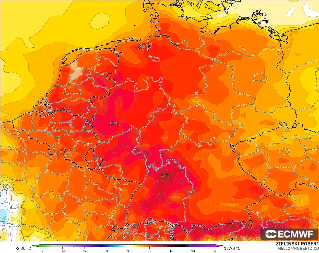 ECMWF IFS 0.25° モデル - ドイツ, 気温異常（2m）