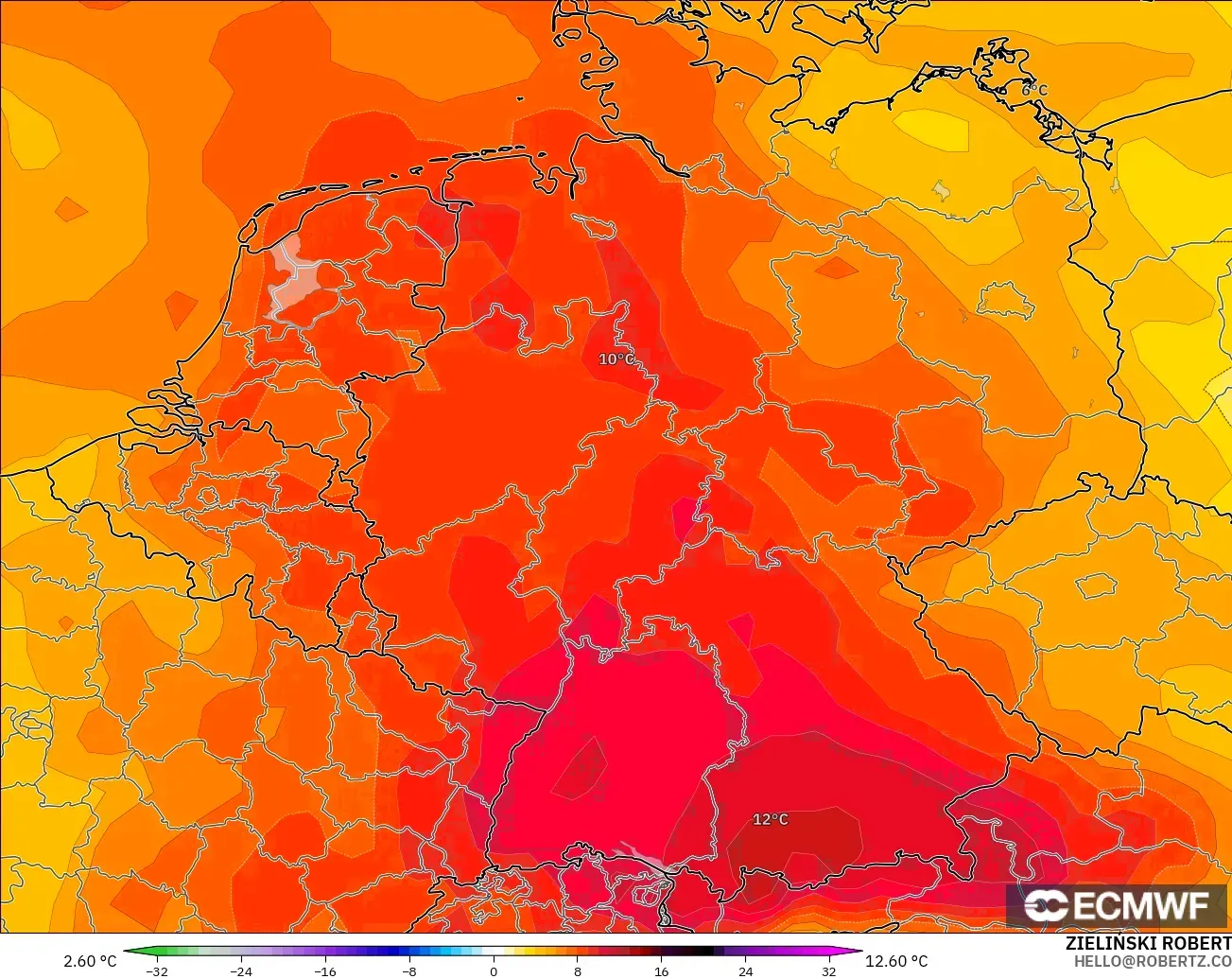 ECMWF IFS 0.25° モデル - ドイツ, 気温異常（850hPa）