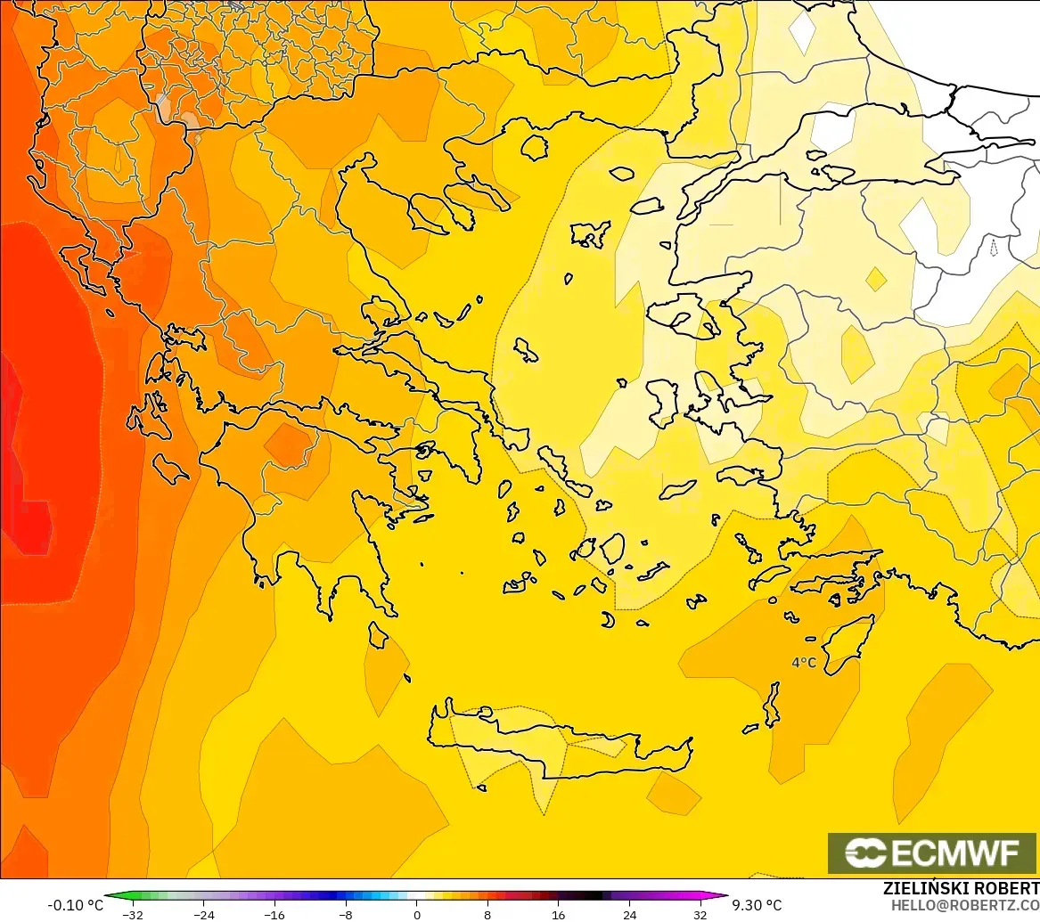 ECMWF IFS 0.25° モデル - ギリシャ, 気温異常（850hPa）