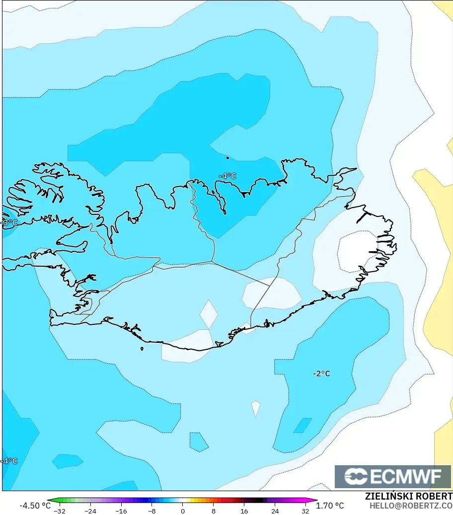 ECMWF IFS 0.25° モデル - アイスランド, 気温異常（850hPa）