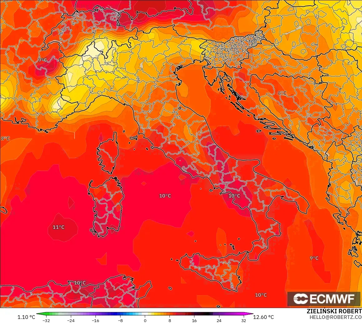 ECMWF IFS 0.25° モデル - イタリア, 気温異常（850hPa）
