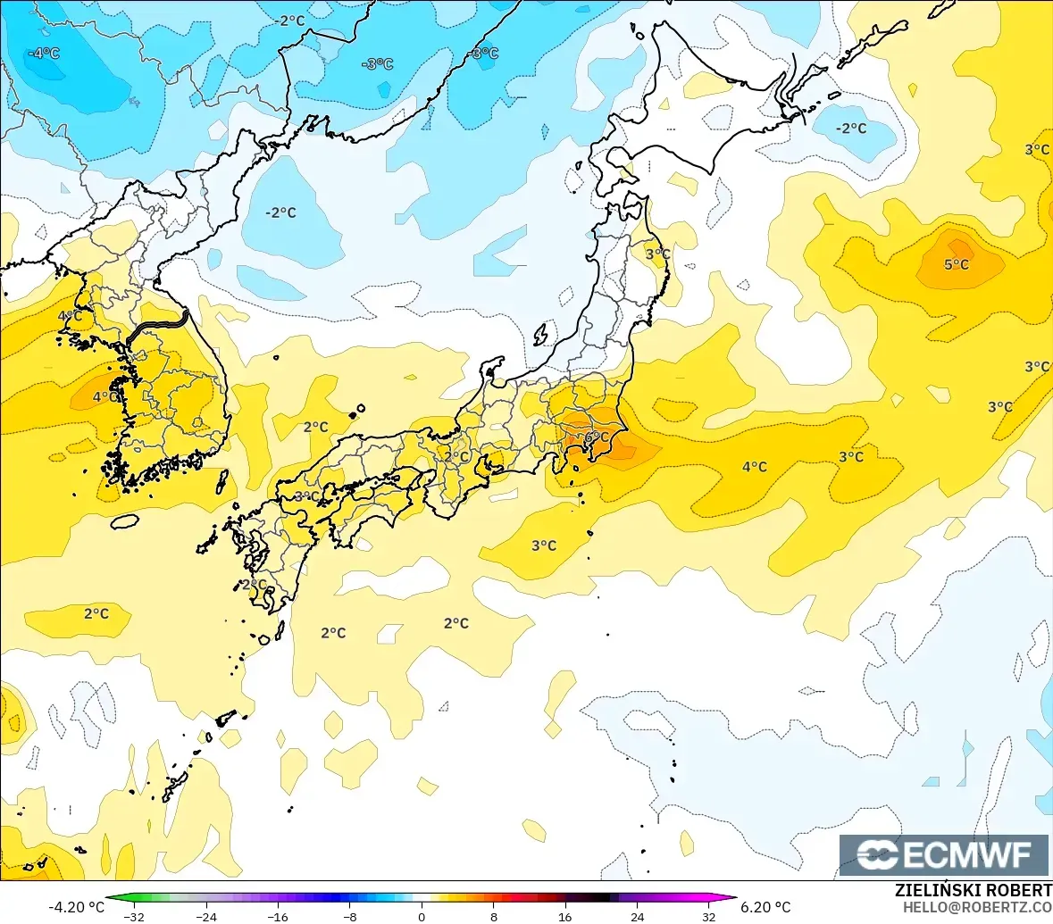 ECMWF IFS 0.25° モデル - 日本, 気温異常（850hPa）