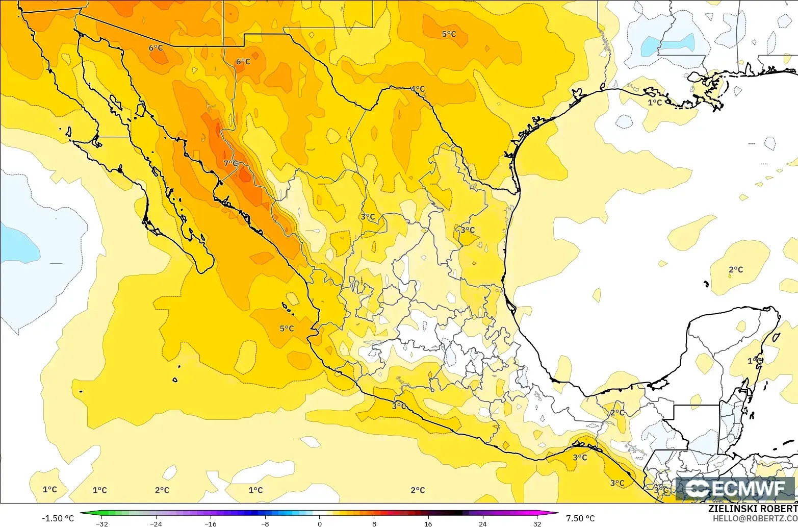 ECMWF IFS 0.25° モデル - メキシコ, 気温異常（850hPa）