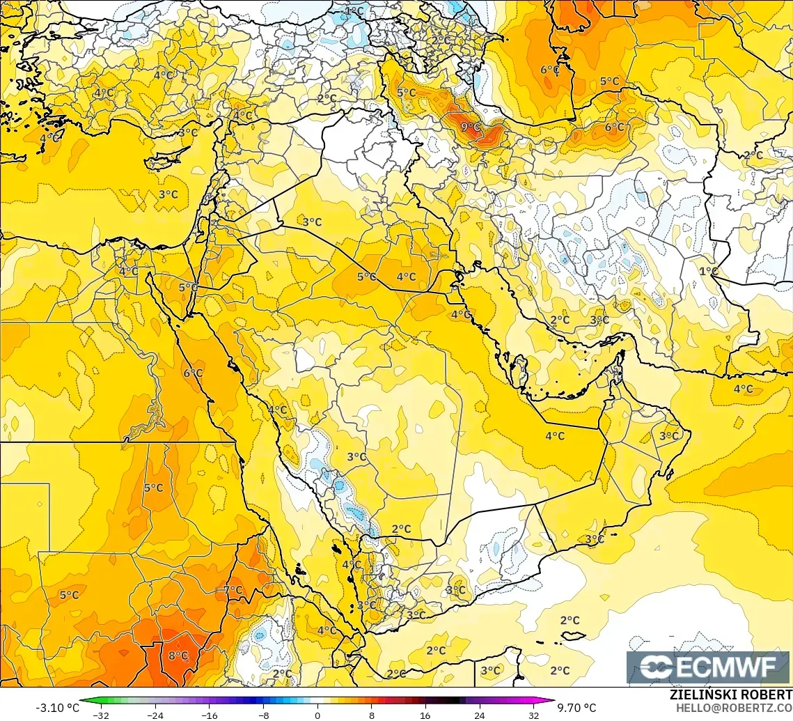 ECMWF IFS 0.25° モデル - 中東, 気温異常（850hPa）