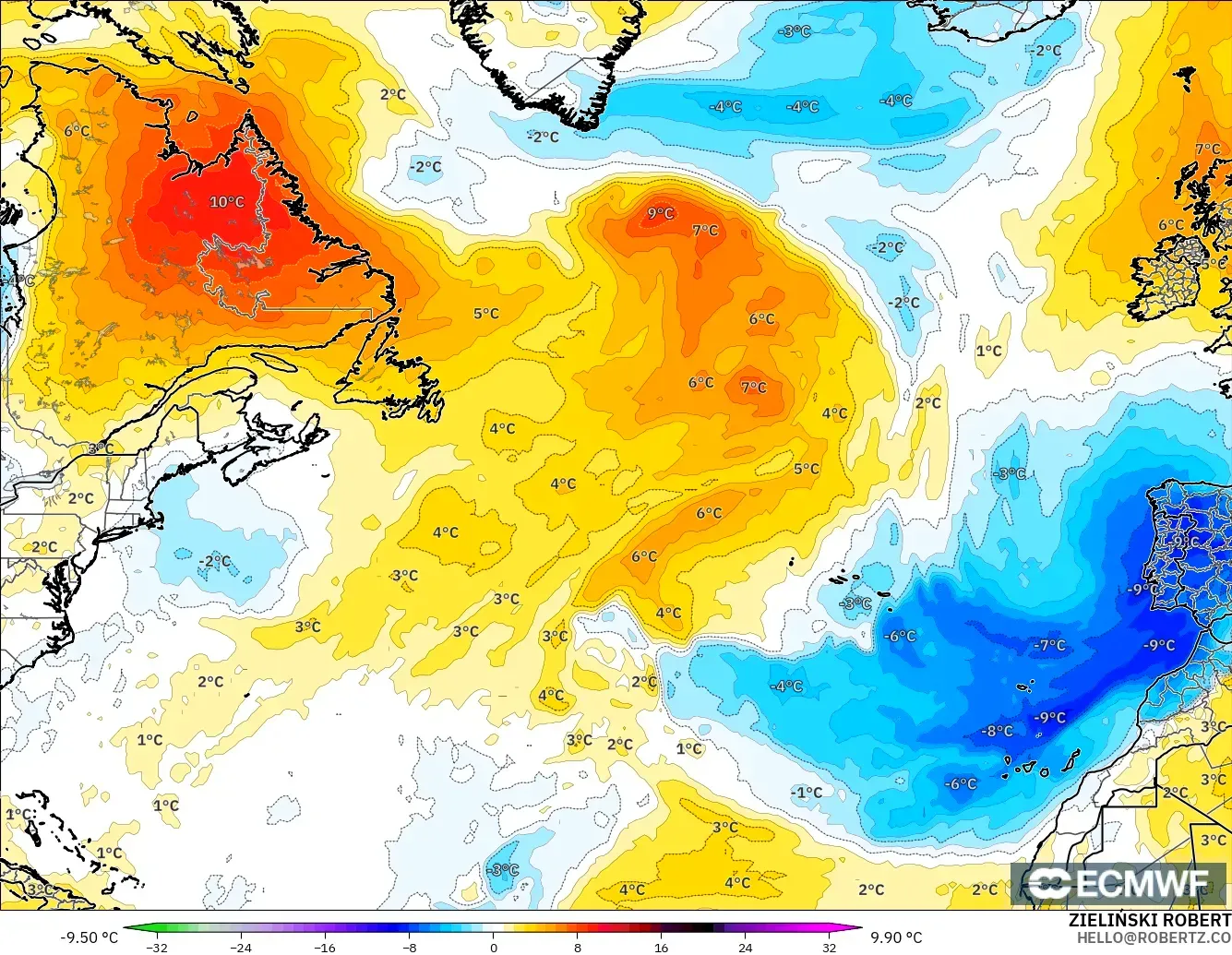 ECMWF IFS 0.25° モデル - 北大西洋, 気温異常（850hPa）