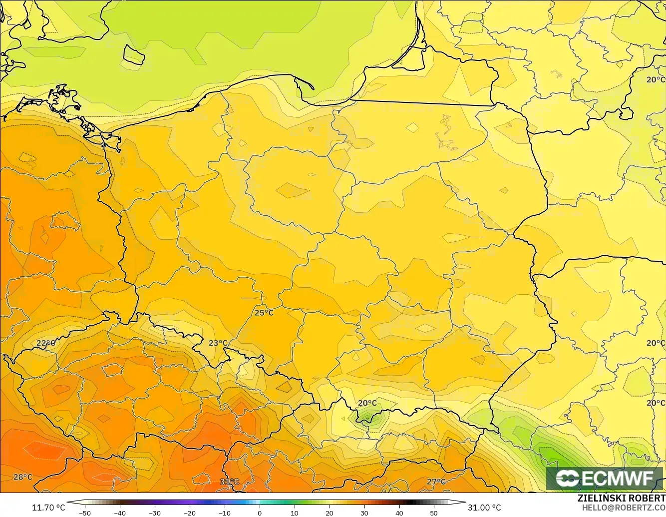 ECMWF IFS 0.25° モデル - ポーランド, 気温（2m）