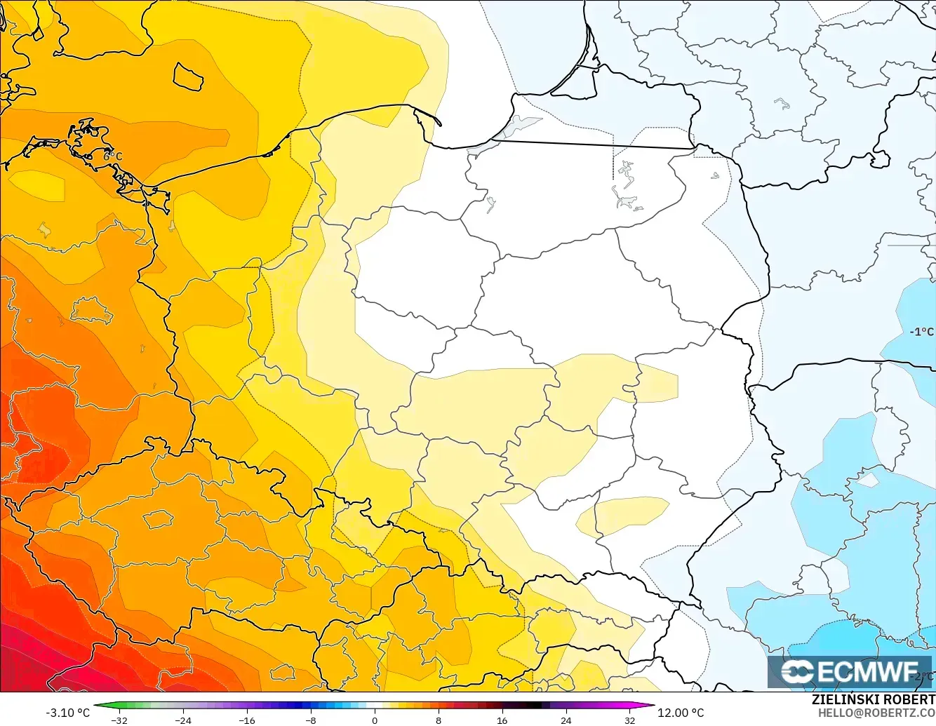 ECMWF IFS 0.25° モデル - ポーランド, 気温異常（850hPa）