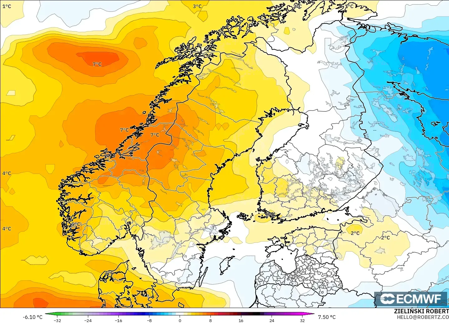 ECMWF IFS 0.25° モデル - スカンジナビア, 気温異常（850hPa）