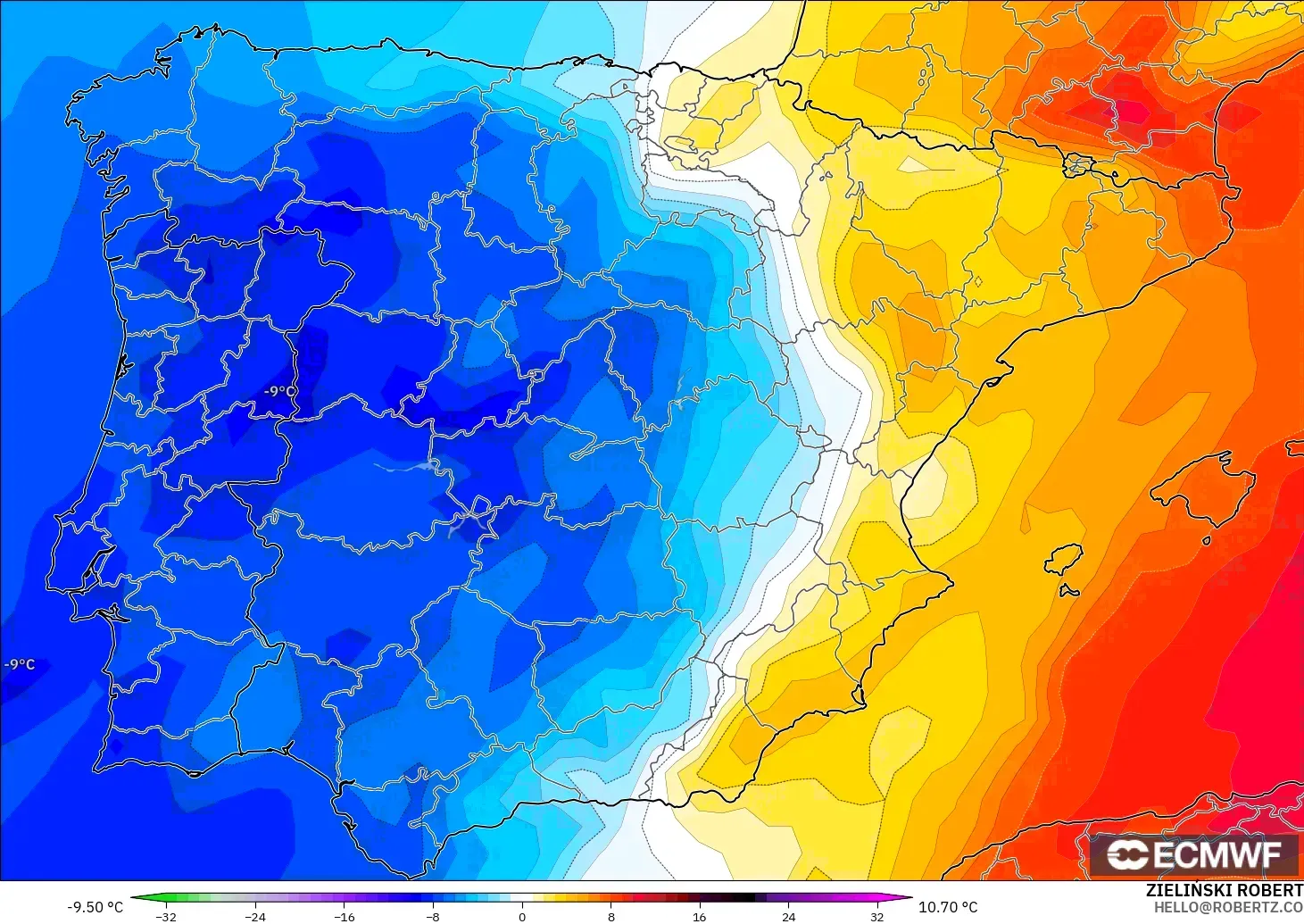 ECMWF IFS 0.25° モデル - スペイン, 気温異常（850hPa）