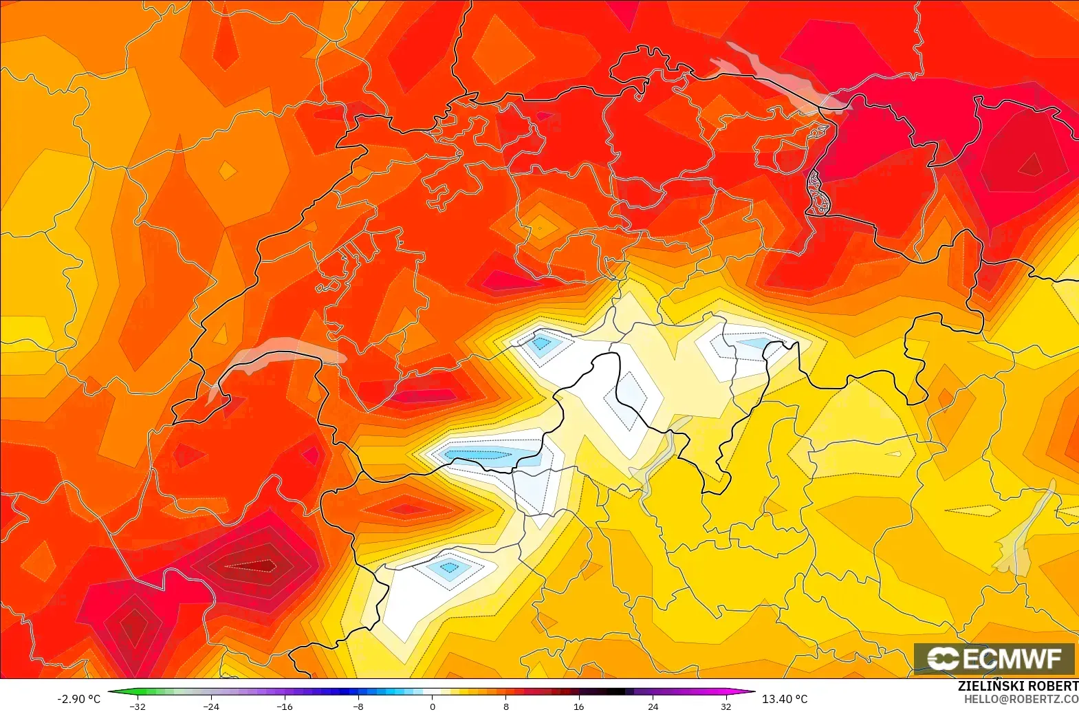 ECMWF IFS 0.25° モデル - スイス, 気温異常（2m）