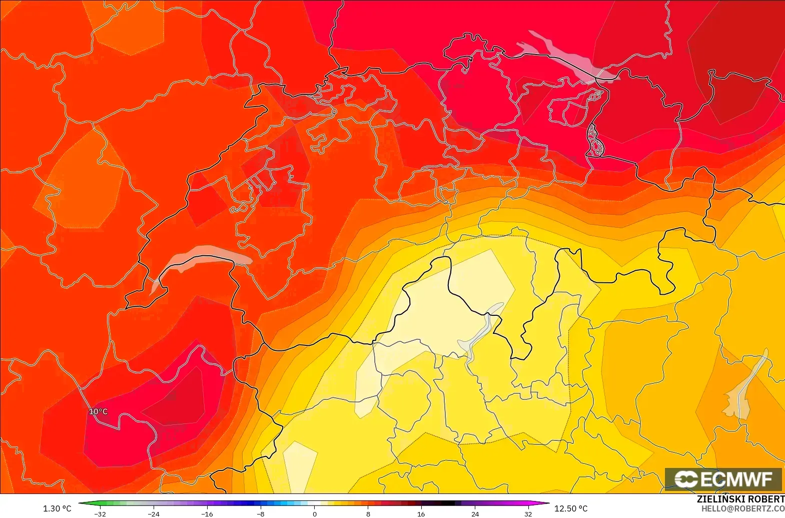 ECMWF IFS 0.25° モデル - スイス, 気温異常（850hPa）