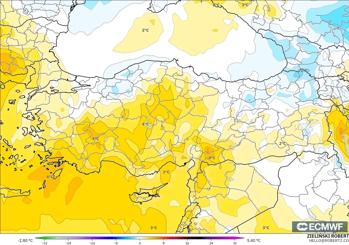 ECMWF IFS 0.25° モデル - トルコ, 気温異常（850hPa）