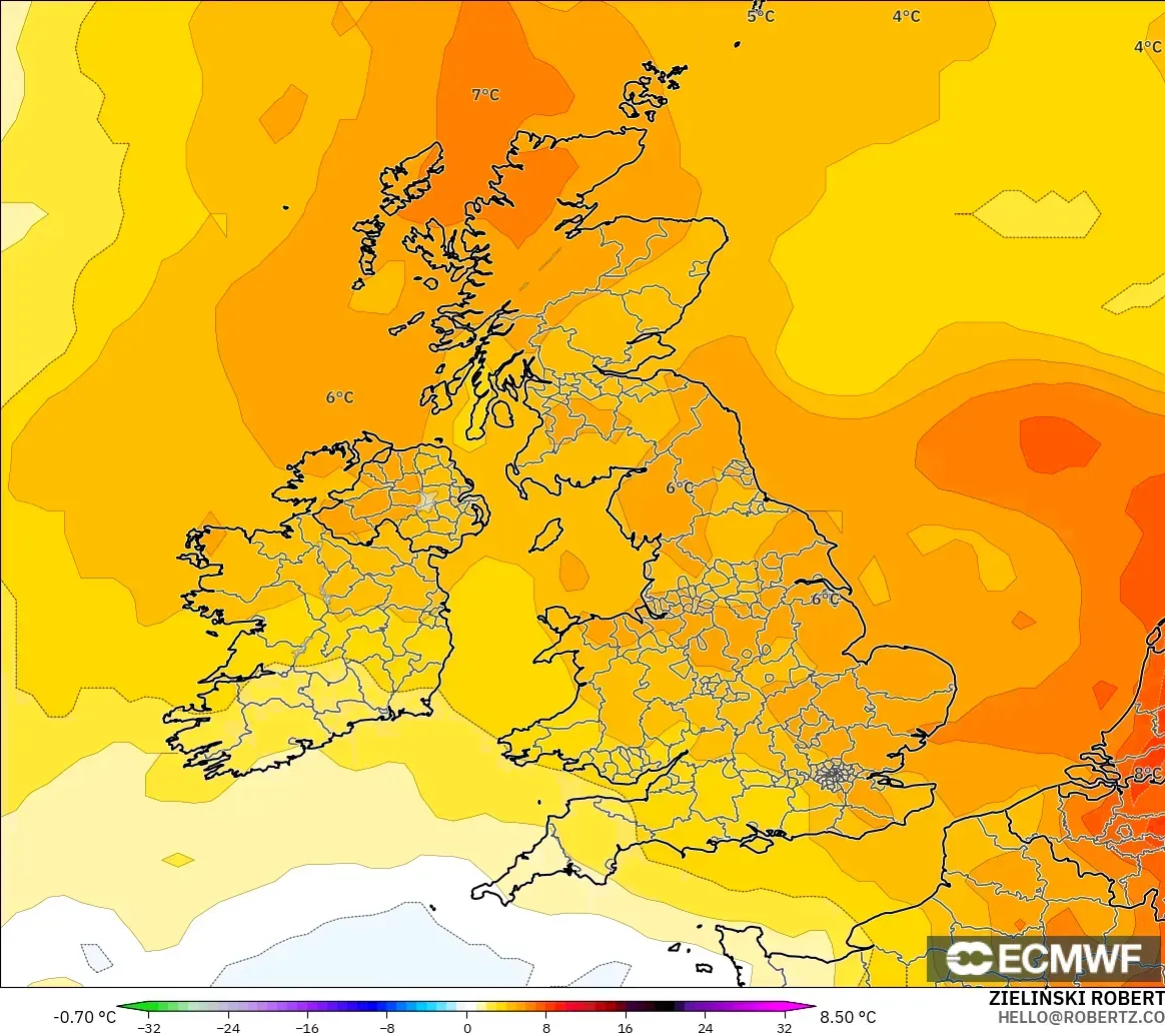 ECMWF IFS 0.25° モデル - イギリス, 気温異常（850hPa）